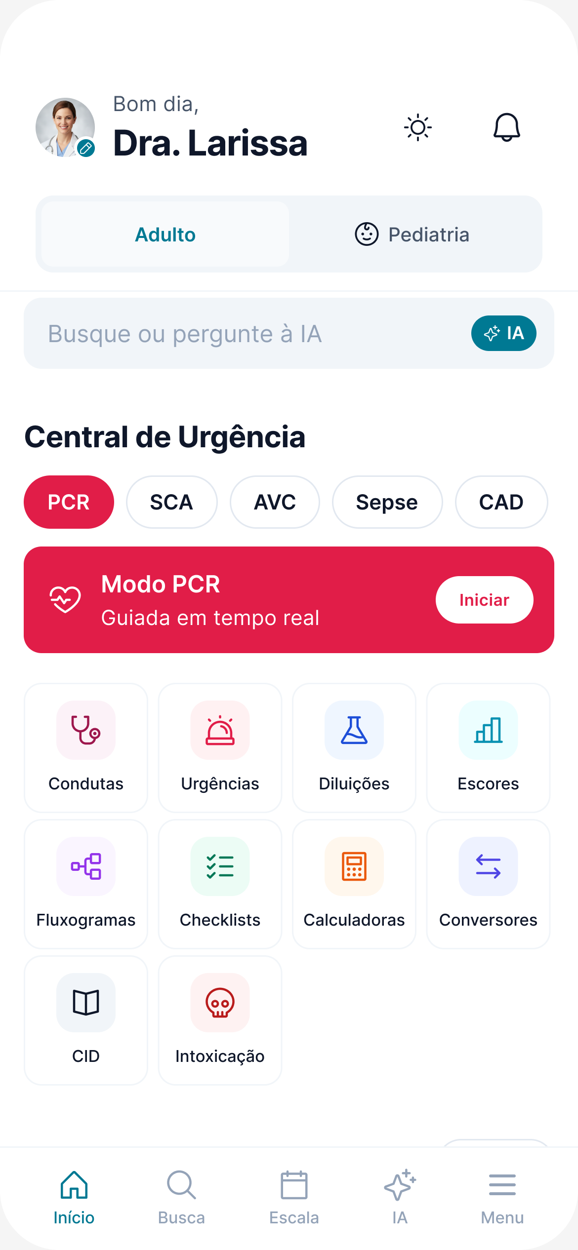 Home da CalcMed com busca, Central de Urgência e acesso às ferramentas do plantão